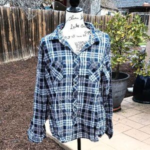 Faded Glory Blue Plaid Plus Top 2X Gingham Floral Neck 100% Cotton Button Up